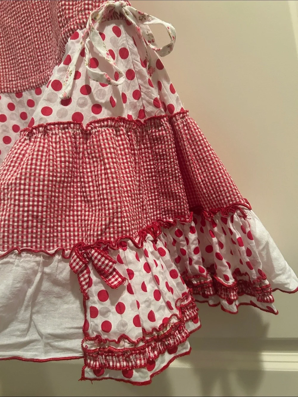 Kate Mack Patchwork Gingham Polka Dot Tiered Halter Sundress size 6 Red & White